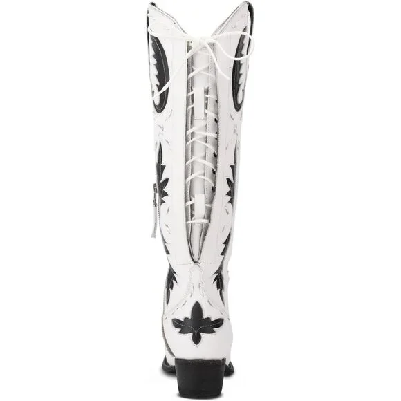 Women's White Pointed Toe Zipper Cowgirl Boots Lace up Chunky Heel Western Boots - Picture 7 of 7